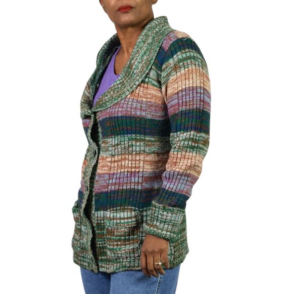 Vintage Hand Loomed Knit Cardigan Sweater Green Marled Rainbow Stripe 70s Medium - Picture 6 of 16